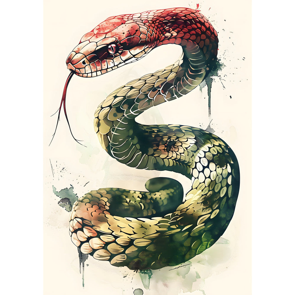 snake, reptile, wildlife, nature, red, coral red, cream, beige, sage green, forest green, olive green, watercolor, watercolor art, abstract, artistic, realistic, animal art, detailed scales, forked tongue, modern art, contemporary, elegant, botanical, naturalistic, illustration style, earth tones, warm colors, cool colors, wall art, home decor