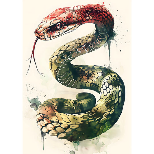snake, reptile, wildlife, nature, red, coral red, cream, beige, sage green, forest green, olive green, watercolor, watercolor art, abstract, artistic, realistic, animal art, detailed scales, forked tongue, modern art, contemporary, elegant, botanical, naturalistic, illustration style, earth tones, warm colors, cool colors, wall art, home decor