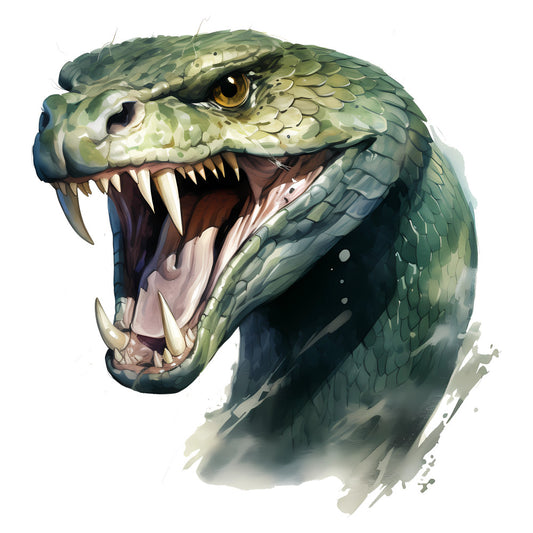 snake, reptile, serpent, green, sage green, olive green, cream, beige, tan, gold, amber, wildlife, animals, nature, realistic, illustration, fantasy, dramatic, fierce, predator, aggressive, detailed, scales, fangs, teeth, intimidating, bold, striking, wall art, home decor