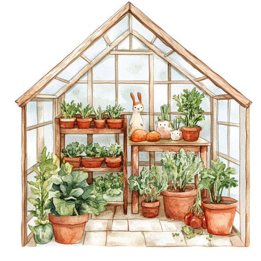 greenhouse, garden, plants, vegetables, herbs, potatoes, lettuce, tomatoes, terracotta, wood frame, glass windows, gardening, spring, summer, nature, botanical, farmhouse, rustic, cottage core, whimsical, illustrated, watercolor, cream, sage green, rust orange, warm tones, decorative, home decor, panel design, rabbit figurine