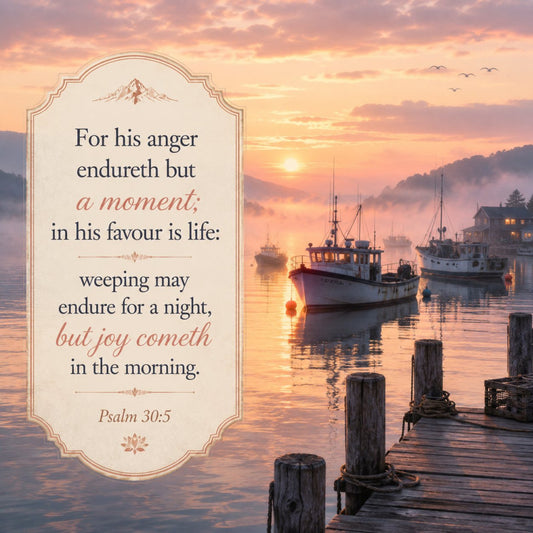 sunset, nautical, boats, fishing boats, dock, scripture, inspirational, religious, spiritual, faith, psalm, morning, hope, peaceful, coastal, water, golden hour, warm tones, coral, peach, gold, cream, lavender, elegant, traditional, serene, nature, landscape, motivational quote, bible verse