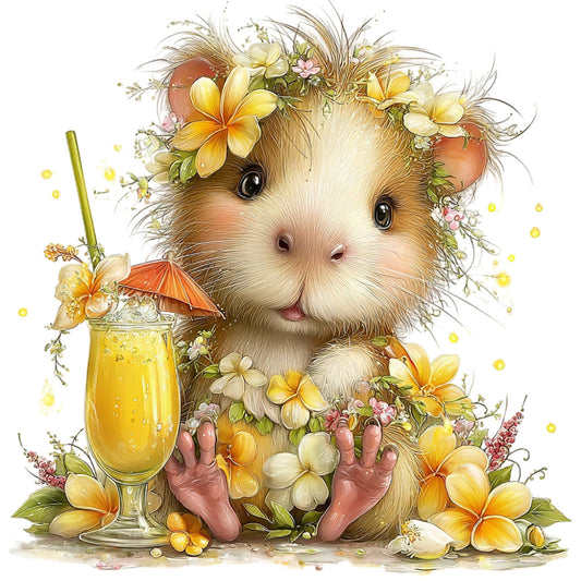 guinea pig, cute animals, whimsical, yellow flowers, spring, summer, pastel colors, cream, soft yellow, coral pink, floral, nature, cheerful, playful, tropical drinks, beverage, cocktail, flowers crown, botanical, kids fabric, baby, adorable, illustrated animals, garden theme, sunshine yellow, delicate flowers, sweet, playful animals, whimsy