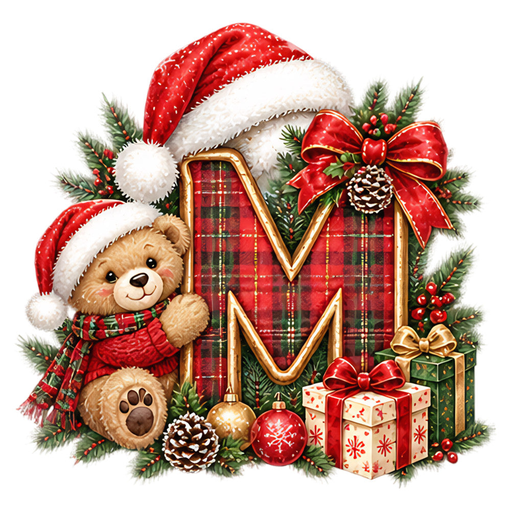 christmas, holiday, teddy bear, santa hat, red plaid, tartan, forest green, cream white, gold accents, festive, traditional, whimsical, cute, decorative, gifts, presents, pine branches, holly berries, pinecones, ornaments, bows, ribbons, winter, seasonal, children's, cheerful, vintage, timeless, red and green, elegant
