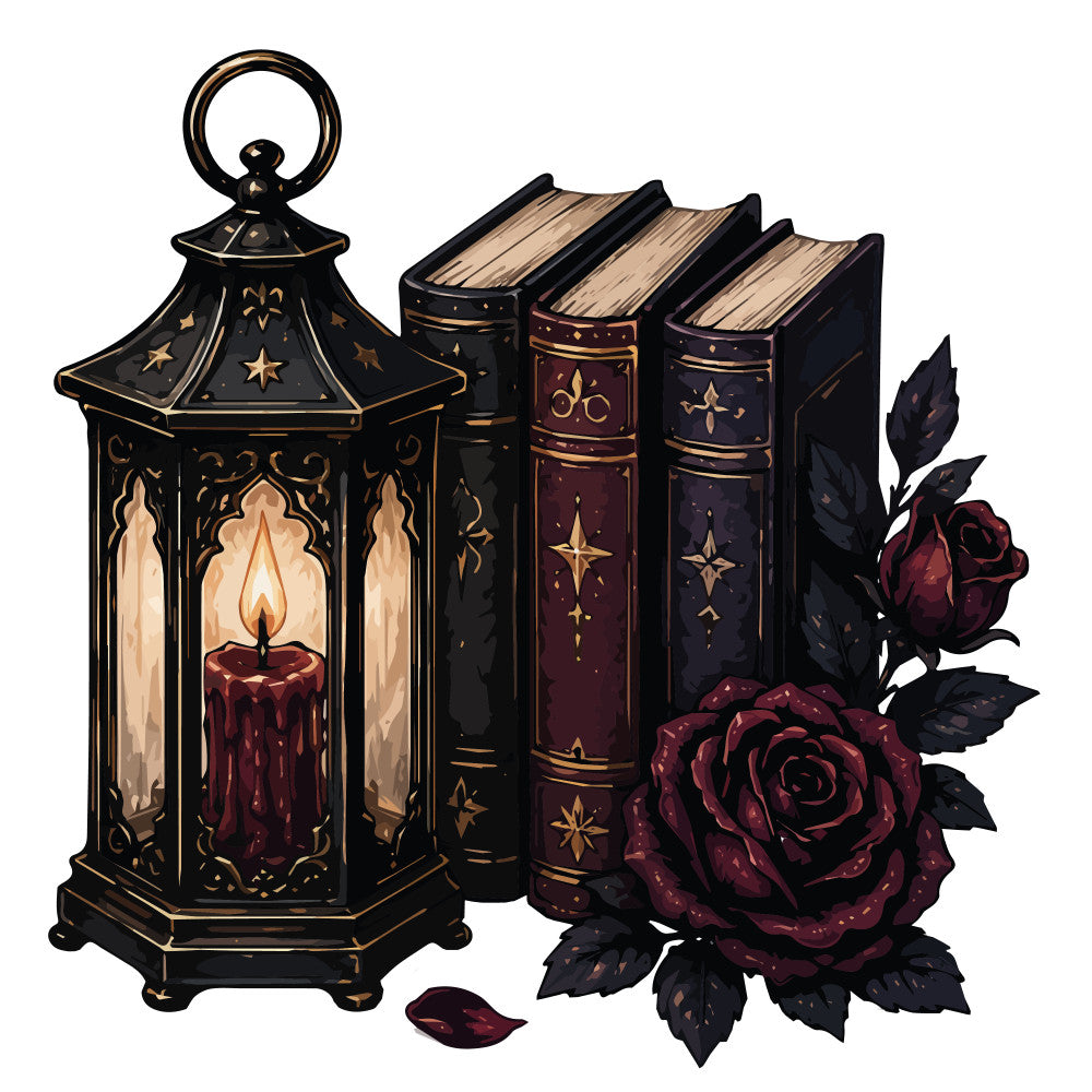 black, gold, burgundy, deep red, dark purple, maroon, cream, candlelight, gothic, vintage, elegant, mystical, dark romance, celestial, stars, roses, lantern, candle, books, floral, ornate, decorative, sophisticated, moody, occult aesthetic, fantasy, literary, antique, classic, dark academia