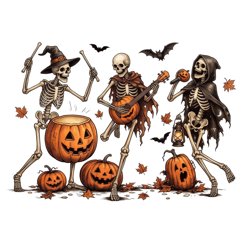 halloween, skeleton, pumpkin, jack-o-lantern, autumn, fall, orange, cream, black, tan, brown, spooky, holiday, festive, whimsical, dancing skeletons, bats, maple leaves, grim reaper, witch hat, guitar, lantern, trick-or-treat, costume, seasonal, decorative, playful, gothic, witchy