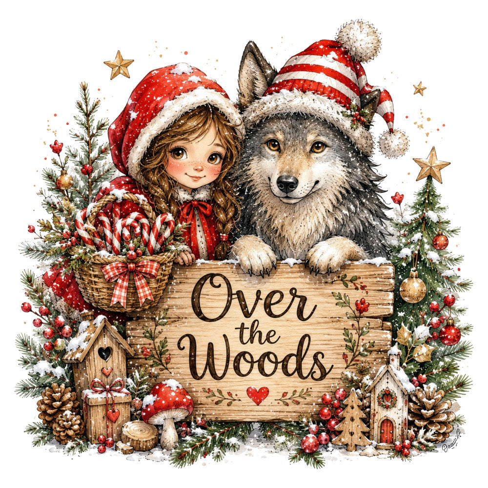 christmas, holiday, winter, red, cream, gold, forest green, brown, whimsical, rustic, farmhouse, vintage, woodland, nature, animals, wolf, girl, child, stars, hearts, pine cones, evergreen, candy canes, mushrooms, birdhouses, festive, storybook, fairytale, decorative panel, wall hanging