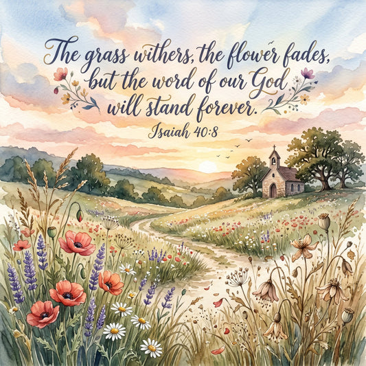 scripture verse, Isaiah 40:8, wildflower, floral landscape, countryside church, pastoral scene, meadow flowers, spiritual, religious, inspirational quote, sunset sky, watercolor style, rustic farmhouse, spring flowers, summer meadow, coral pink poppies, lavender purple, sage green, warm earth tones, vintage pastoral, botanical, nature themed, faith based, uplifting message, garden landscape, traditional country, sentimental, peaceful scene
