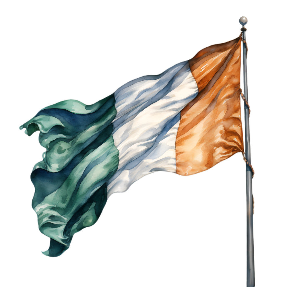 irish flag, ireland, green white orange, tricolor, patriotic, flag design, national pride, celtic, irish heritage, emerald green, cream white, burnt orange, waving flag, flagpole, traditional, cultural, commemorative, independence, st. patrick's day, irish culture, European, symbolic, historical, heritage fabric, flag motif, traditional design, elegant, patriotic decor