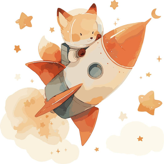 space adventure, fox in astronaut suit, rocket ship, orange, cream, tan, beige, celestial, stars, moon, whimsical, children's, nursery, baby, animal, outer space, space exploration, modern, playful, cute, adventurous, cosmic, clouds, vintage space, retro space, sci-fi, illustration style, gender neutral, wall hanging, baby quilt