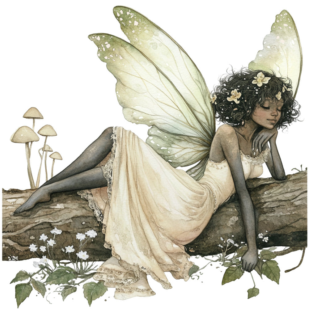 fairy wings, fantasy, whimsical, nature, botanical, mushrooms, flowers, ivory, cream, sage green, soft green, pale yellow, black hair, ethereal, romantic, elegant, vintage, illustration, storybook, magical creatures, woodland, forest, insects, delicate, lace, dress, fantasy art, spring, summer, wall hanging