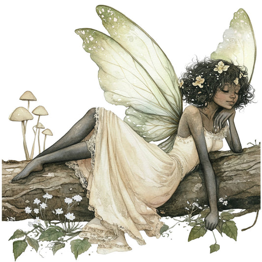 fairy wings, fantasy, whimsical, nature, botanical, mushrooms, flowers, ivory, cream, sage green, soft green, pale yellow, black hair, ethereal, romantic, elegant, vintage, illustration, storybook, magical creatures, woodland, forest, insects, delicate, lace, dress, fantasy art, spring, summer, wall hanging