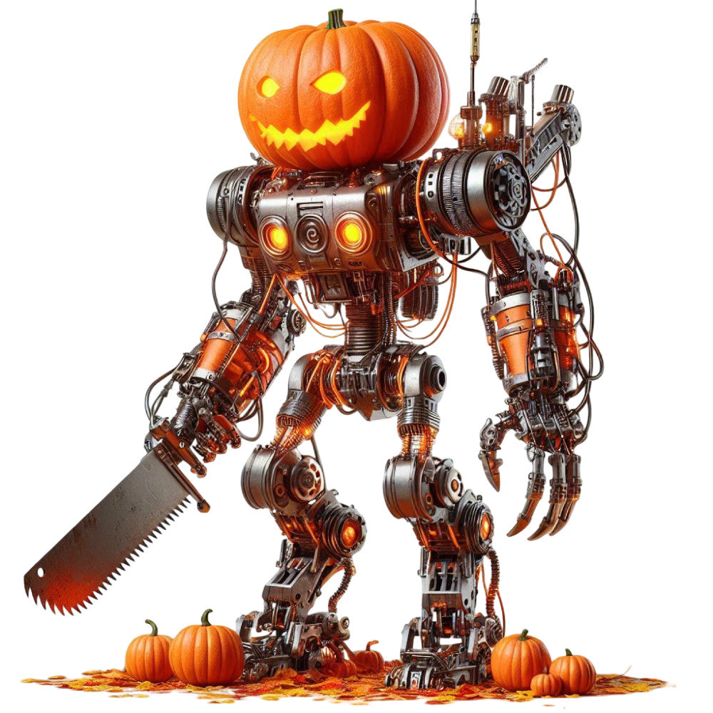 steampunk, halloween, pumpkin, jack-o-lantern, robot, mechanical, orange, metallic, autumn, fall, holiday, themed fabric, novelty, whimsical, industrial, gears, cogs, vintage, spooky, trick-or-treat, harvest, festive, rust orange, bronze, glowing eyes, wall hanging, home decor, costume inspiration