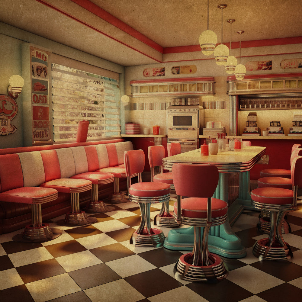 retro diner, 1950s, vintage, coral red, cream, turquoise, checkered floor, mid-century modern, booths, chrome accents, nostalgic, americana, classic diner, red and white striped, kitsch, retro kitchen, atomic age, diner aesthetic, pendant lights, vinyl seating, geometric, bakery theme, soda fountain, classic americana, warm tones, tan, beige, decorative, home decor, wall hanging