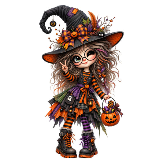 halloween witch, orange and purple, striped, whimsical, autumn, fall, jack-o-lantern, pumpkin, gothic, cute witch, girl character, festive, holiday, seasonal, plaid, black, orange stripes, purple stripes, costume, magical, spooky, children's, decorative panel, wall hanging, patchwork, playful, novelty print, boots, hat, candy bag