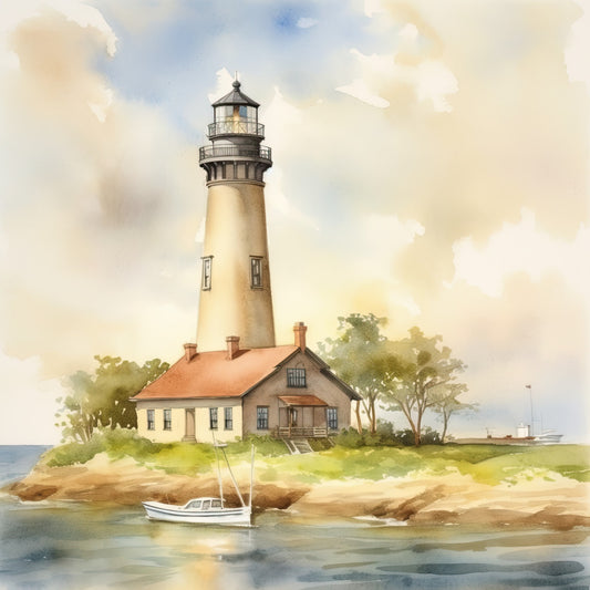 lighthouse, coastal, nautical, seaside, beach, sailboat, watercolor, cream, beige, tan, soft blue, sky blue, sage green, cottage, farmhouse, vintage, peaceful, serene, scenic, landscape, water, ocean, traditional, elegant, home decor, wall hanging, coastal living, New England, maritime, historic