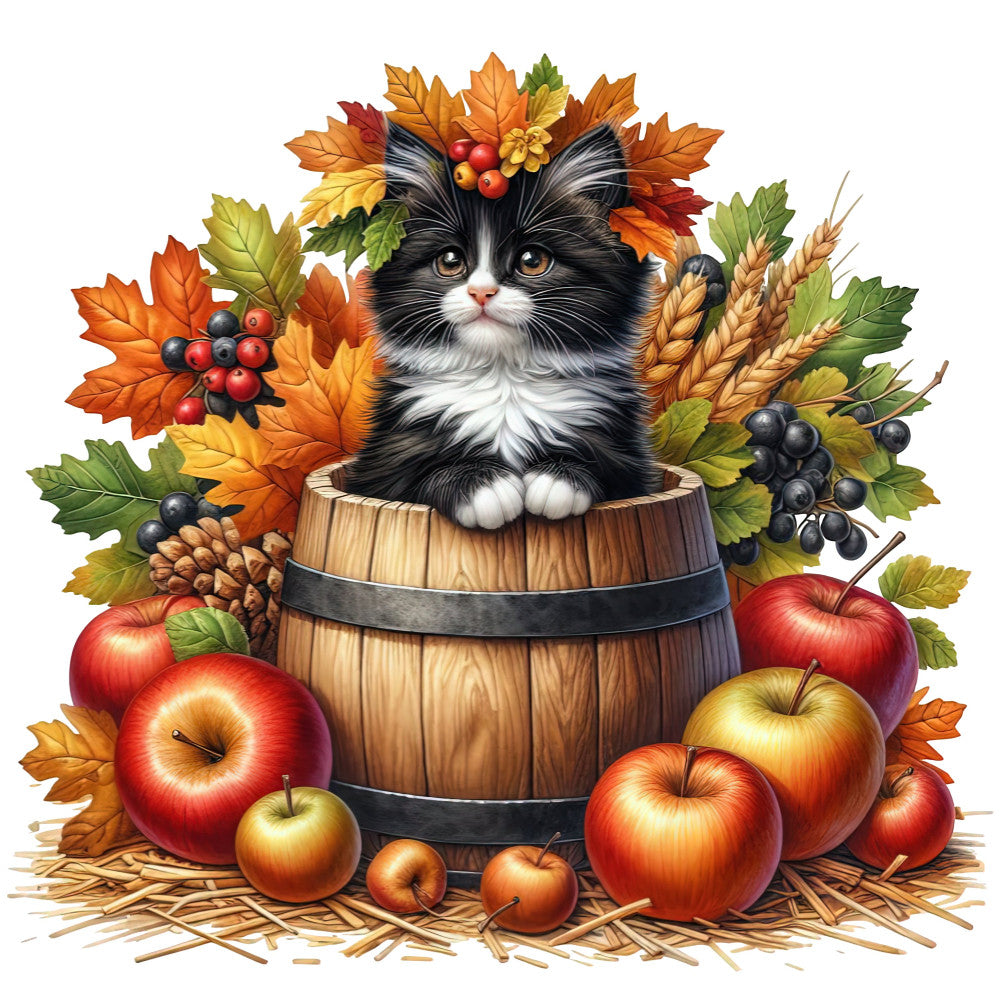black and white cat, autumn leaves, fall harvest, red apples, wooden barrel, berries, wheat stalks, rustic, farmhouse, whimsical, nature, animals, cats, seasonal, autumn, orange, burgundy, golden yellow, cream, forest green, charming, decorative panel, harvest theme, countryside, traditional, cozy, festive fall, fruit motif, leaf pattern, folk art style