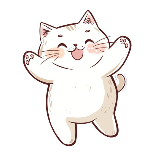 cute cat, happy cat, smiling cat, cat illustration, cream white, warm beige, brown outline, kawaii style, whimsical, playful, animal motif, cat lover, cheerful, joyful expression, paw pads, cat face, standing cat, children's design, nursery, baby, adorable, folk art style, simple illustration, character design, casual style, fun print, cat themed, pet lover