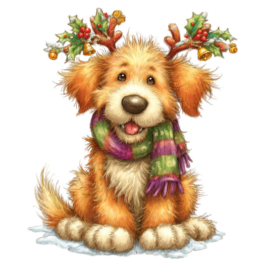 christmas dog, holiday reindeer, festive puppy, golden retriever, red nosed reindeer, holly berries, jingle bells, purple scarf, plaid scarf, striped scarf, whimsical animals, cute dogs, winter holiday, christmas animals, seasonal decor, rust orange, cream white, forest green, deep purple, gold accents, cheerful animals, festive pets, reindeer antlers, holly leaves, christmas decorations, playful style, children's holiday, family friendly, wall hanging, holiday quilting