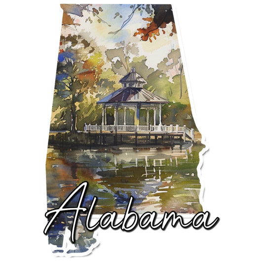 alabama, state pride, gazebo, landscape, watercolor, autumn foliage, fall colors, nature scene, architectural, vintage travel, golden yellow, forest green, slate blue, cream, burnt orange, rustic charm, traditional style, scenic, nostalgic, americana, southern charm, water feature, pond, trees, seasonal, home decor, wall art, decorative panel