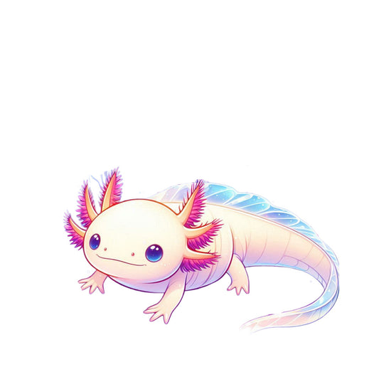 cute axolotl, cartoon animal, pastel colors, pink gills, blue eyes, aquatic creature, kawaii style, soft illustration, fabric panel, quilting cotton, children's fabric, nursery decor, salamander, whimsical design, pale yellow body, purple accents, turquoise tail, adorable character, craft fabric, baby quilt