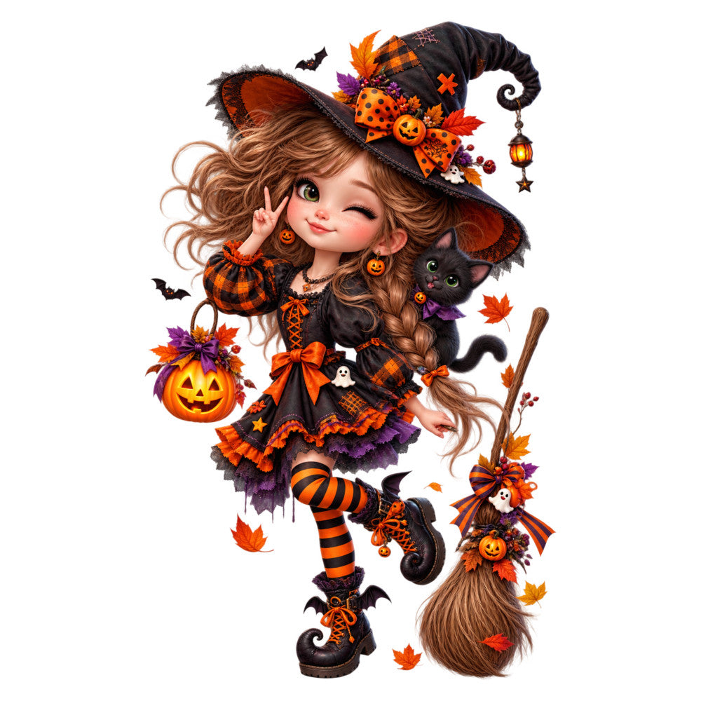 halloween witch, orange and black, pumpkin, black cat, witch hat, fall leaves, autumn, holiday, whimsical, cute witch, candy corn, striped stockings, broomstick, jack-o-lantern, festive, spooky, orange, purple, brown, child-themed, seasonal, decorative panel, wall hanging, plaid pattern, bow details, lantern, bats, stars, character design, trick-or-treat