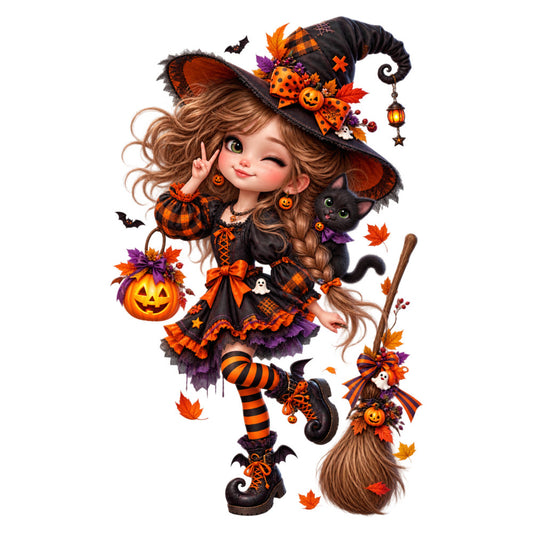 halloween witch, orange and black, pumpkin, black cat, witch hat, fall leaves, autumn, holiday, whimsical, cute witch, candy corn, striped stockings, broomstick, jack-o-lantern, festive, spooky, orange, purple, brown, child-themed, seasonal, decorative panel, wall hanging, plaid pattern, bow details, lantern, bats, stars, character design, trick-or-treat