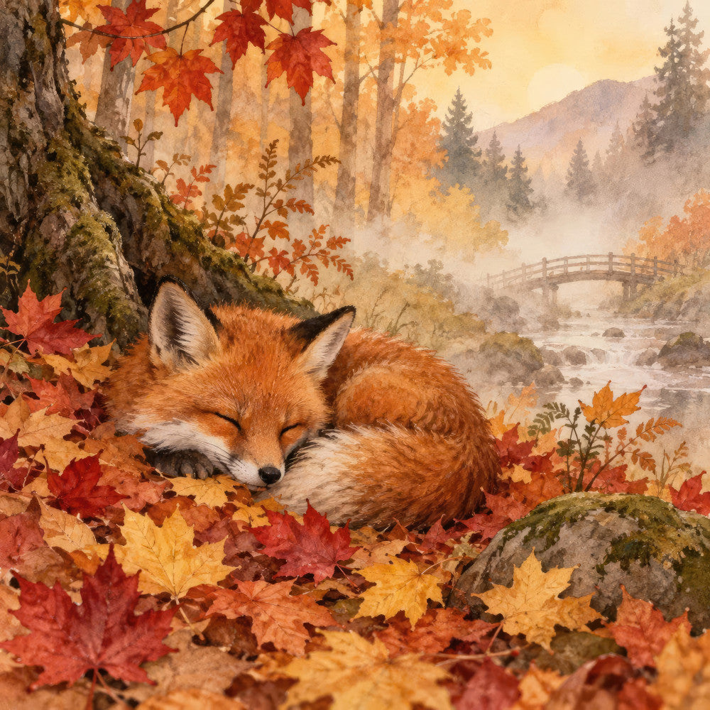 autumn, fall, fox, wildlife, nature, forest, woodland, rustic, whimsical, orange, rust, burgundy, gold, cream, warm tones, maple leaves, fallen leaves, seasonal, landscape, misty, bridge, stream, cozy, cottage core, natural, earthy, animal lover, outdoorsy, scenic