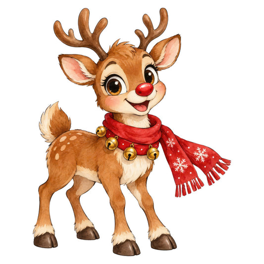 rudolph, red-nosed reindeer, christmas, holiday, festive, winter, reindeer, brown, red, gold, bells, scarf, whimsical, cute, cartoon, cheerful, nostalgic, retro, vintage, children's, kids, seasonal, snow, jolly, character panel, holiday animals, traditional christmas, decorative, jingle bells