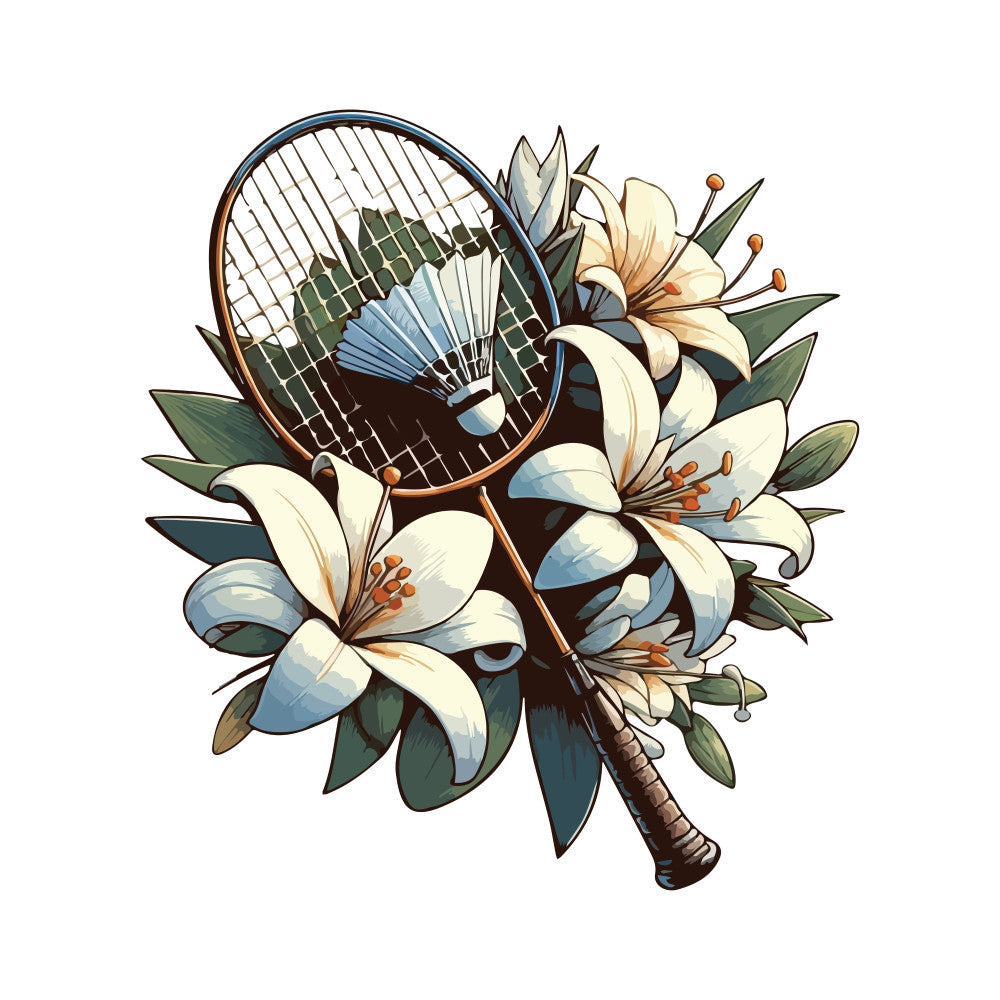 tennis racket, white lilies, cream flowers, sage green leaves, sports themed, nature inspired, botanical floral, cream white, soft blue, golden brown, elegant, whimsical, vintage sports, athletic, garden flowers, lily petals, green foliage, statement print, decorative, artistic illustration, hand drawn style, romantic, refined, nature motif, sports and flowers, summer, spring, unique blend, mixed theme