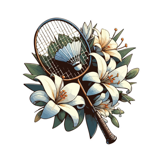 tennis racket, white lilies, cream flowers, sage green leaves, sports themed, nature inspired, botanical floral, cream white, soft blue, golden brown, elegant, whimsical, vintage sports, athletic, garden flowers, lily petals, green foliage, statement print, decorative, artistic illustration, hand drawn style, romantic, refined, nature motif, sports and flowers, summer, spring, unique blend, mixed theme