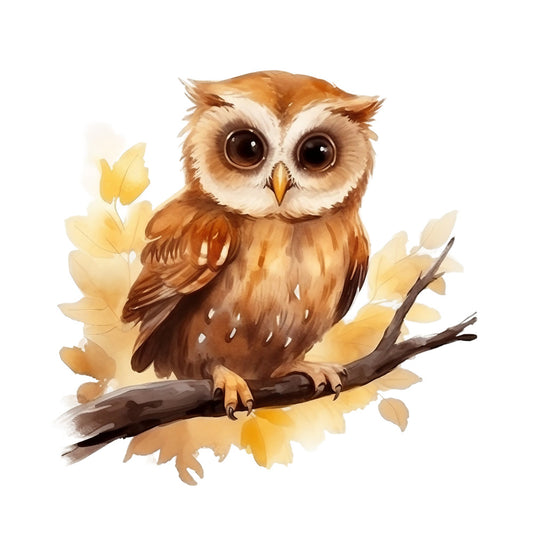 watercolor owl, brown owl, autumn colors, golden yellow, cream white, amber tones, branch perch, fall leaves, soft painting style, fabric panel, quilting cotton, nature scene, woodland creature, big eyes, feathered wings, seasonal design, warm palette, artistic illustration, craft fabric, sewing panel