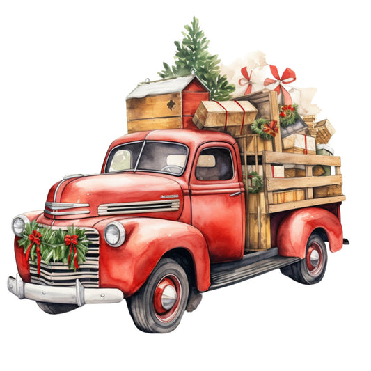 red truck, vintage truck, christmas themed, holiday decorations, watercolor style, fabric panel, quilting cotton, christmas tree, gift boxes, wooden crates, holly garland, red ribbons, festive cargo, winter scene, nostalgic illustration, pickup truck, holiday transport, christmas delivery, rustic charm, seasonal motif