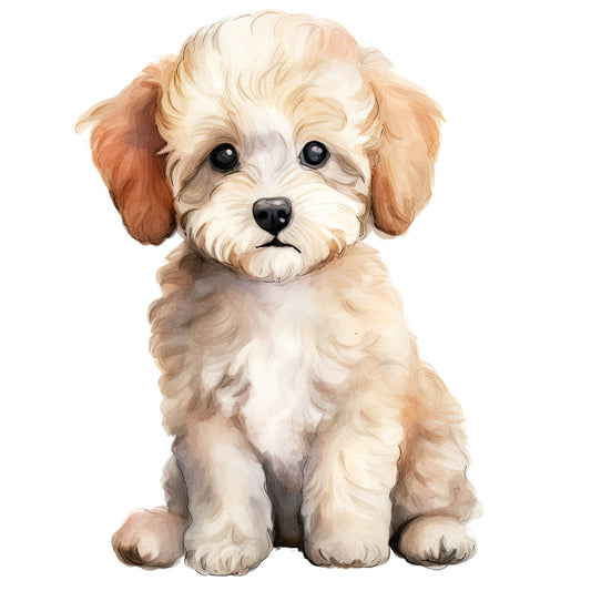 Watercolor Dogs Fabric Panel 15 features a detailed, hand-painted style illustration of a fluffy puppy on premium quilting cotton.