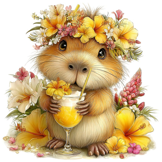 golden yellow, cream, soft pink, coral pink, brown, floral, whimsical, cute animals, guinea pig, rodent, nature, spring, summer, flowers, hibiscus, daisies, lupines, botanical, garden, playful, charming, children's, baby, nursery, illustration, watercolor style, yellow flowers, pink flowers, white flowers, decorative drink