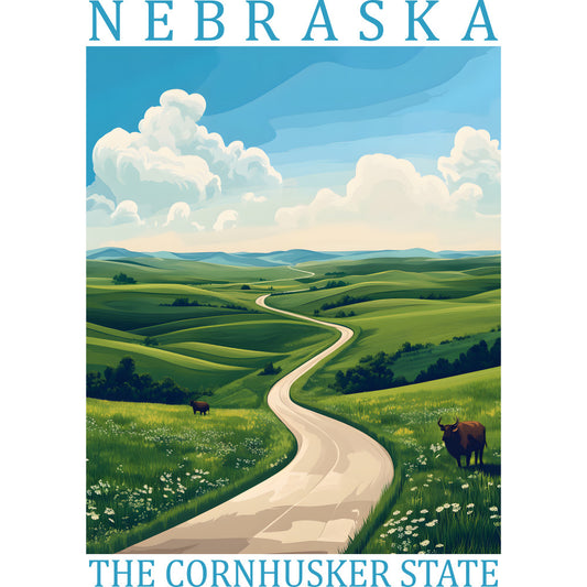 sky blue, sage green, cream, rolling hills, winding road, cattle, pastoral landscape, countryside scene, nebraska, cornhusker state, fabric panel, quilting cotton, travel poster style, vintage illustration, peaceful meadow, grassy fields, puffy clouds, scenic vista, agricultural theme, americana