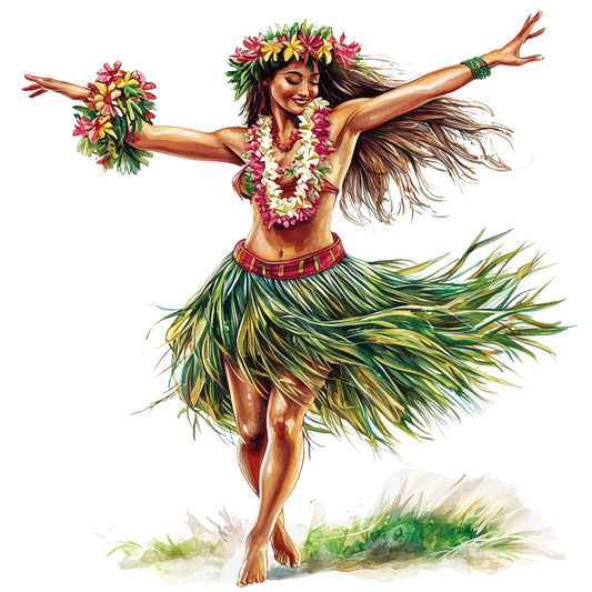 hawaiian dancer, hula girl, tropical paradise, grass skirt, flower lei, plumeria blossoms, red flowers, yellow flowers, green foliage, fabric panel, quilting cotton, polynesian culture, island theme, dancing figure, floral crown, tropical leaves, vibrant colors, hawaiian motif, watercolor style, exotic paradise