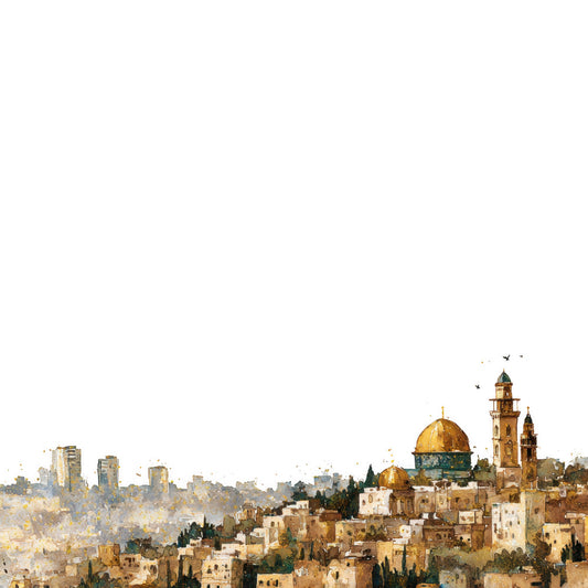 fabric panel, jerusalem skyline, golden dome, islamic architecture, middle eastern cityscape, beige buildings, tan structures, cream colored, gold accents, religious scene, holy city, mosque minaret, ancient architecture, quilting cotton, birds flying, desert tones, sacred site, biblical landscape, warm earth tones, spiritual imagery