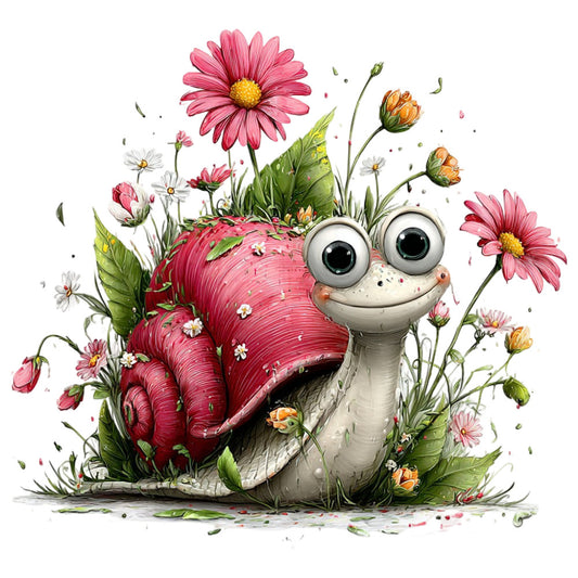 whimsical snail, pink flowers, coral pink, cream white, sage green, floral, nature, garden animals, spring, summer, cute characters, playful, fantasy, whimsical style, daisies, gerberas, orange buds, botanical, children's fabric, storybook, soft colors, pastoral, adorable creature, flower garden, nature-inspired, panel print, decorative, charming illustration