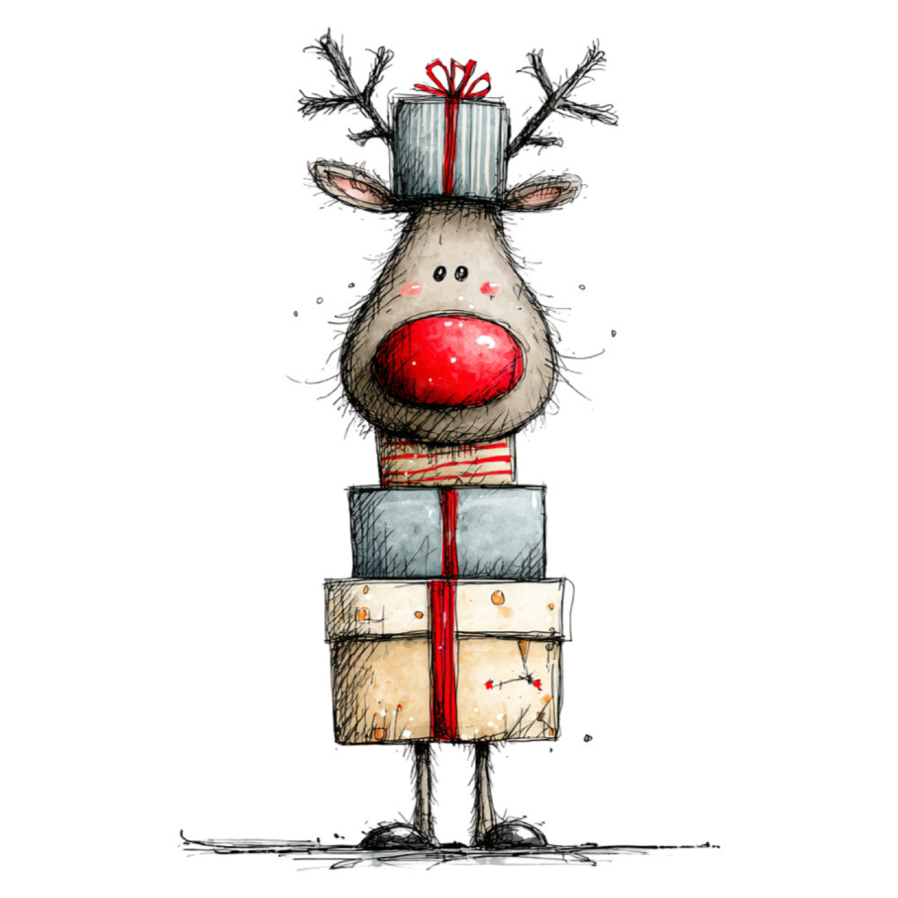 reindeer, red nose, christmas, holiday, whimsical, cute, gift boxes, striped, red ribbon, rustic, children's, festive, joy, seasonal, winter, animal, playful, beige, cream, gray, black, red accents, stacked presents, modern whimsical, quirky, cheerful, december, gift themed, kids fabric, family friendly
