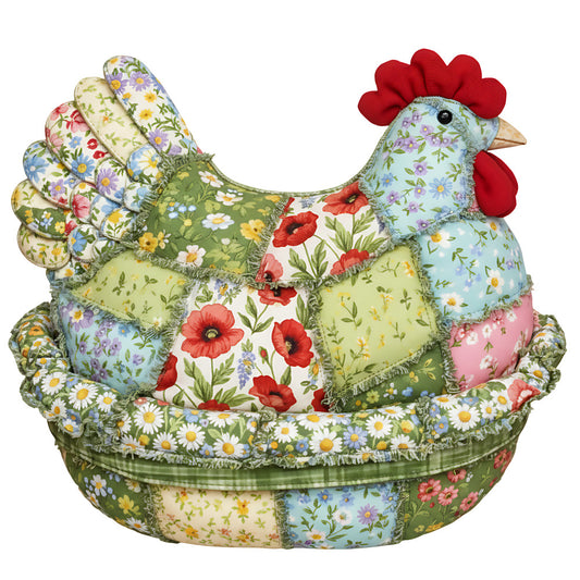 floral patchwork, quilted chicken, red comb, pastoral design, cottage style, fabric panel, multicolored patches, daisy pattern, poppy flowers, green background, blue florals, pink accents, yellow blooms, hen motif, country charm, soft pastels, quilting cotton, decorative rooster, farmhouse style, spring flowers