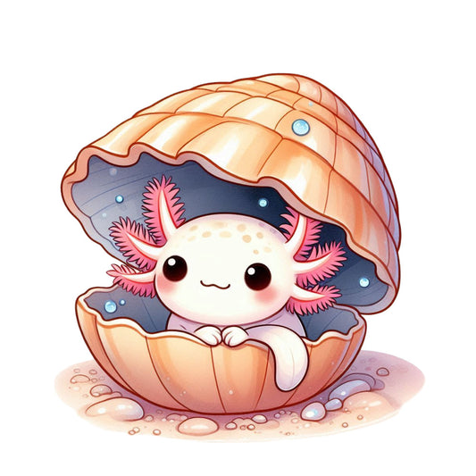 cute axolotl, cartoon character, pink gills, seashell, ocean theme, kawaii style, pastel colors, peach shell, white creature, underwater scene, marine life, adorable animal, soft illustration, fabric panel, quilting cotton, nursery decor, whimsical design, aquatic motif, gentle expression, bubble details