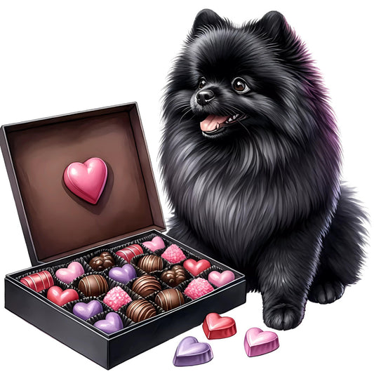 black pomeranian, fluffy dog, cute animals, heart shaped chocolates, chocolate box, pink hearts, purple hearts, rose pink, mauve purple, chocolate brown, romantic, valentines day, love theme, whimsical, playful, pet lovers, dog breed, heart motifs, candy themed, dessert theme, gift box design, valentine's gift, pet themed, animal lovers, cute companion animals, festive holiday, sweet treats, decorative hearts, charming illustration, affectionate theme