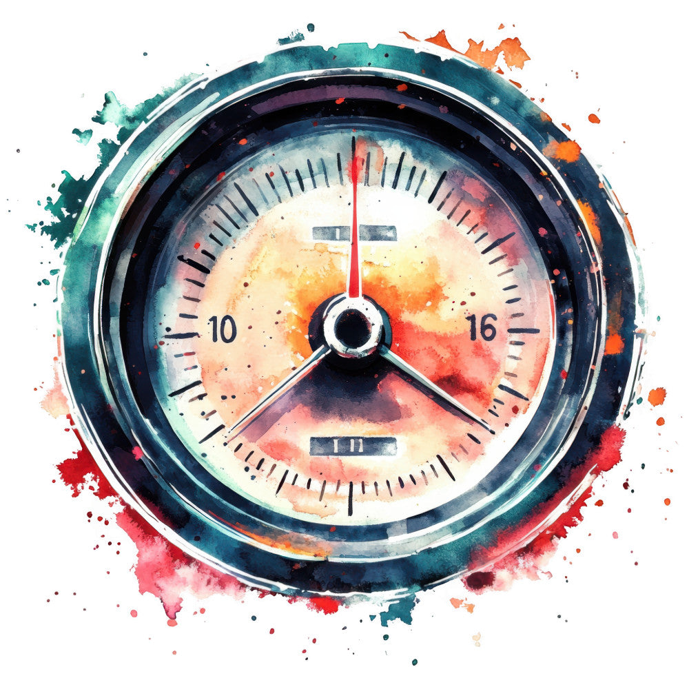 watercolor, racing gauge, speedometer, pressure gauge, teal, orange, red, purple, navy blue, automotive, racing theme, circular design, splash effects, painterly style, fabric panel, quilting cotton, masculine theme, mechanical instrument, vibrant colors, artistic splatters