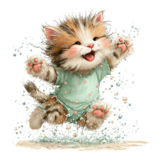 fluffy cat, adorable kitten, playful cat, splashing water, water droplets, sage green, mint green, coral pink, rose pink, cream white, brown and white, whimsical, cute animals, children's fabric, baby quilt, nursery décor, playful animals, cheerful design, illustrated cat, watercolor style, splashing puddles, happy expression, paw pads, striped shirt, springtime, summer, playful mood, animal illustration, kids fabric, toile style