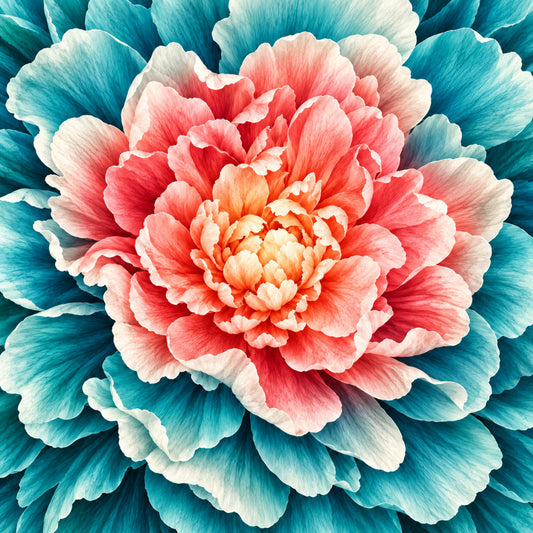 coral pink, turquoise, teal, cream white, peach, salmon, floral, large scale flower, peony, bloom, layered petals, nature, botanical, elegant, modern, romantic, vibrant, colorful, spring, summer, wall art, home decor, artistic, detailed, gradient, ombre effect, decorative panel, bold florals, multi-colored, jewel tones