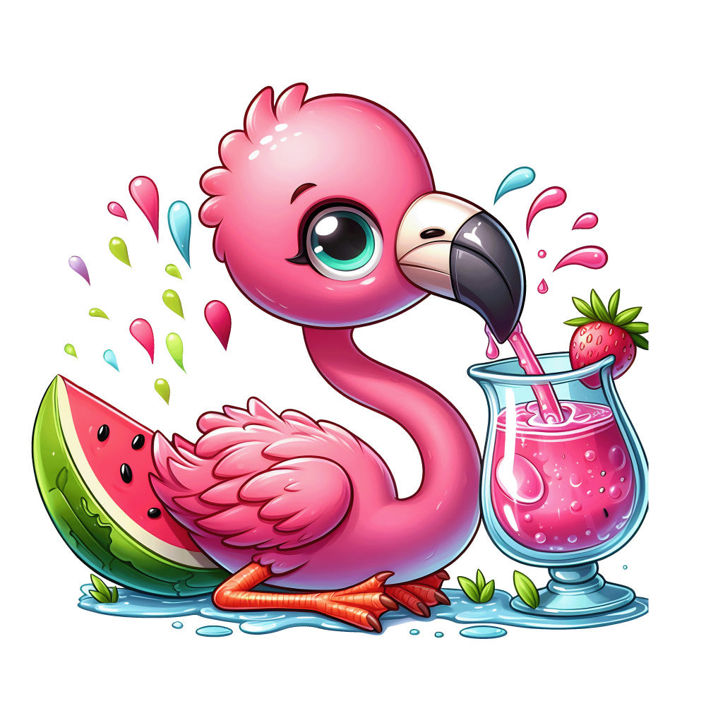 pink flamingo, baby flamingo, tropical drink, watermelon slice, strawberry garnish, bright pink, coral pink, turquoise, lime green, cartoon style, cute kawaii, summer theme, tropical motif, fabric panel, quilting cotton, playful design, colorful splashes, fruity elements, whimsical art, nursery fabric