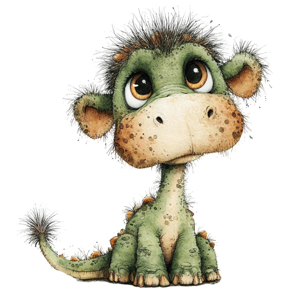 sage green, moss green, golden brown, tan, cream, speckled, spotted, dinosaur, prehistoric creature, whimsical, cute, children's, playful, funny, animal, reptile, long neck, quirky, modern, illustration, watercolor, baby, kids, nursery, storybook, gentle, sweet, adorable, fantasy creature