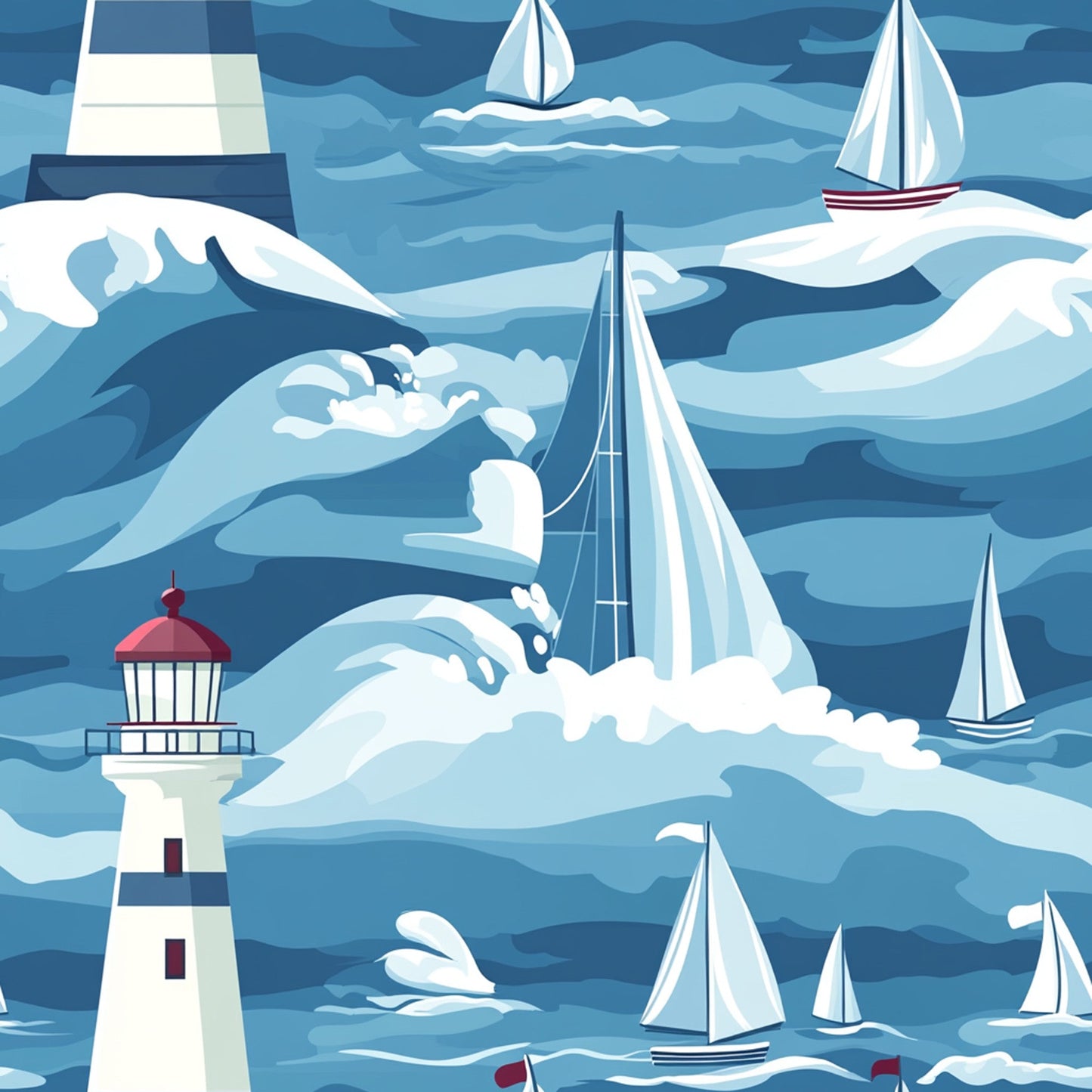 Lighthouse and Sailboats Pattern 12 Quilting Cotton Fabric