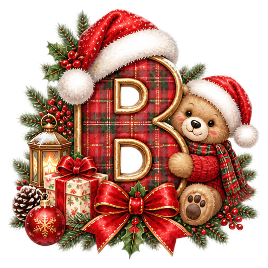christmas, holiday, teddy bear, santa hat, red plaid, tartan, gold accents, festive, whimsical, traditional, evergreen, holly, berries, ornaments, gift boxes, bows, ribbons, lantern, pinecones, cream, forest green, ruby red, burgundy, vintage christmas, nostalgic, children's, cute animals, winter, seasonal, decorative panel