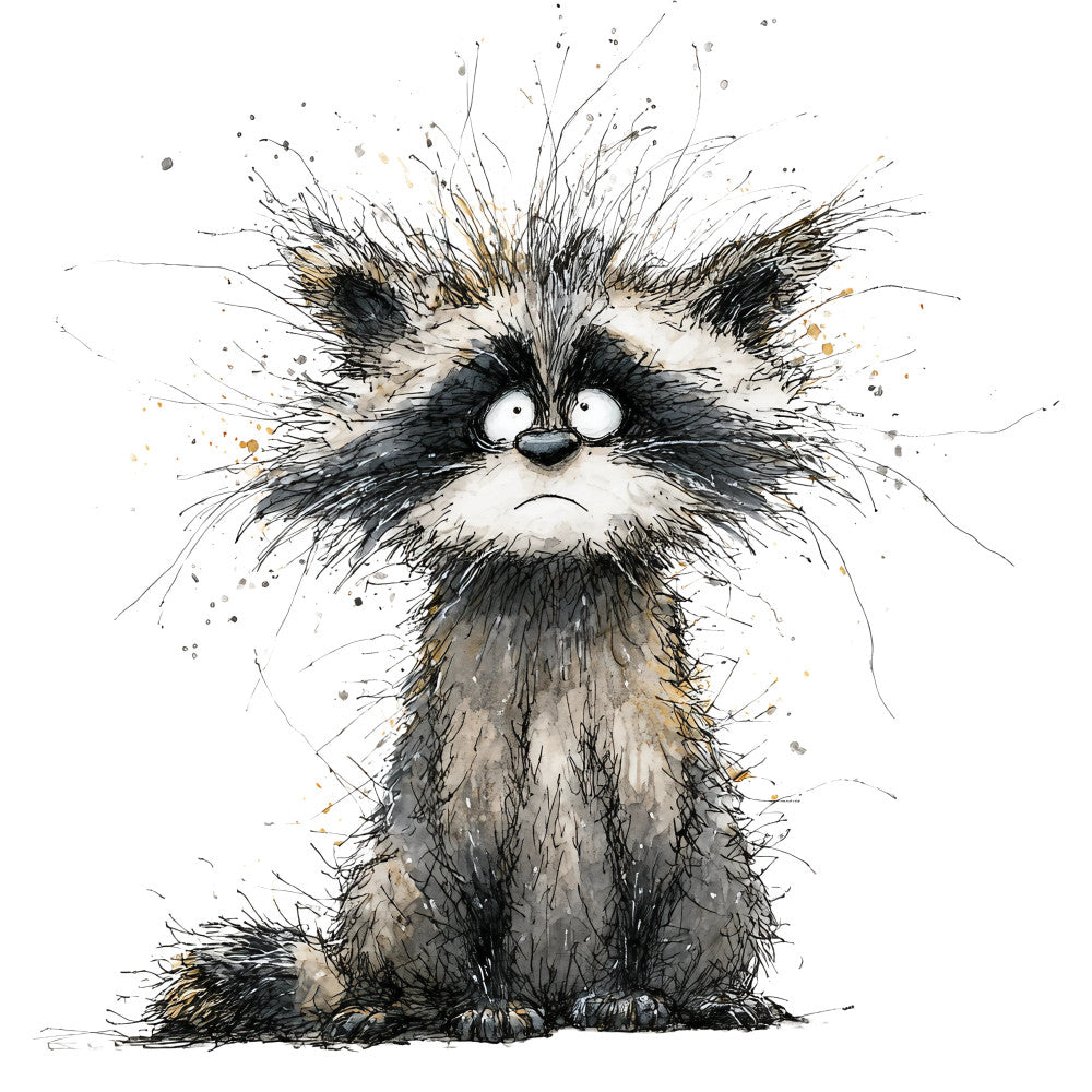 grumpy cat, black and white, charcoal gray, ink sketch, watercolor, whimsical, quirky, cute animals, feline, tabby cat, expressive eyes, illustration, modern, contemporary, artistic, splatter effect, paint splashes, humorous, grouchy character, pet lover, kitten, frown expression, children's, playful, animal portrait, decorative, novelty print, indie art style